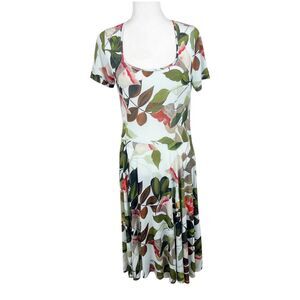 Melissa Masse Made To Measure Dress Women Large Green Leaf Short Sleeve Stretch